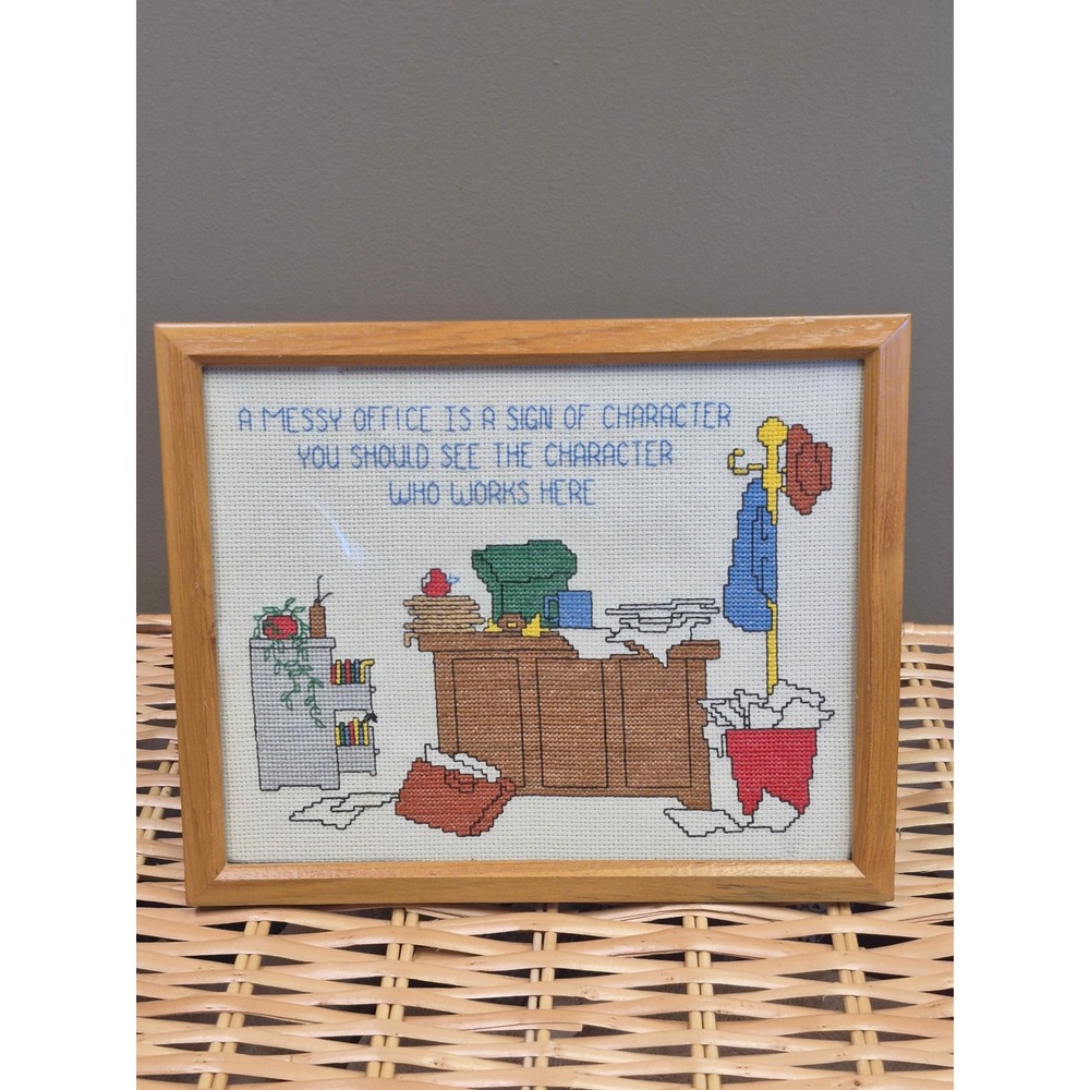 Vintage Funny Office Cross Stitch Framed Wall Art Retro Desk Decor Humor Gift